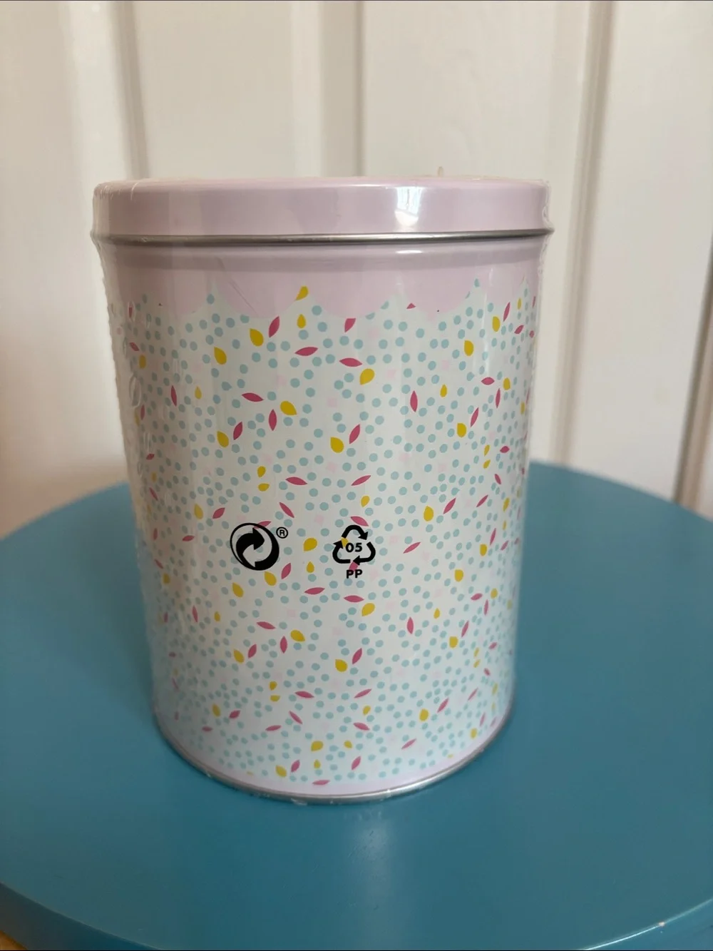 IKEA UDDIG Pastel Pink Confetti Tin Canister with Yellow Accent